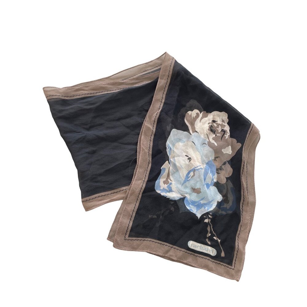 Cacharel Floral Lightweight Scarf Silk Black Taupe Shawl Flowers Elegant